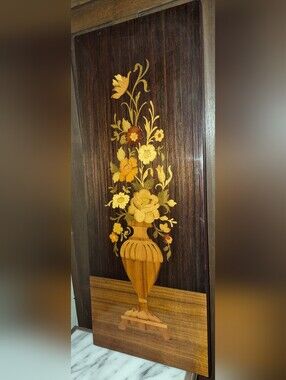 Vintage Wooden Marquetry Wall panel featuring an intricate floral arrangement
